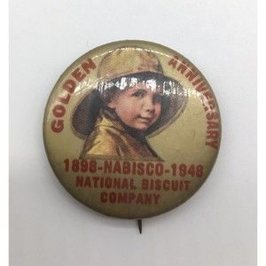 VTG 1948 Nabisco Golden Anniversary Pin 1898-1948 Boy in Yellow Raincoat 1.25"